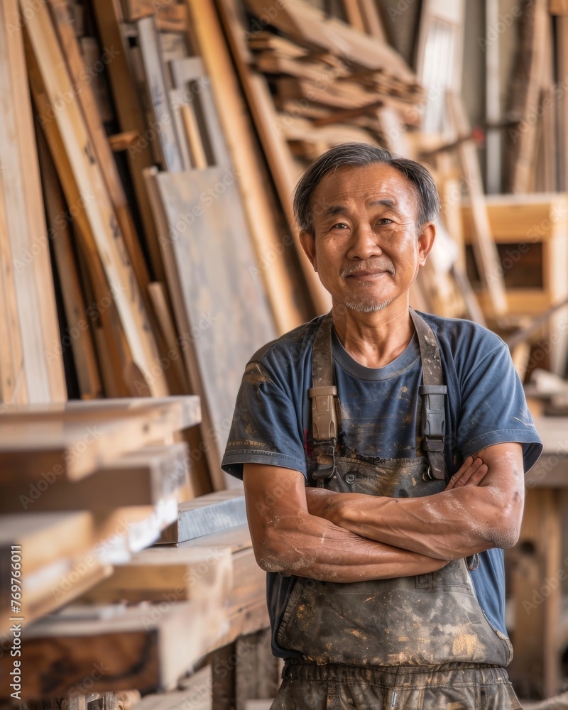 Portrait of a senior Asian carpenter in a woodworking workshop Portrait of a senior Asian carpenter in a woodworking workshop