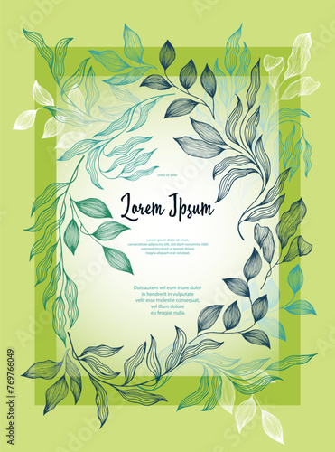 Bay leaves frame vector greeting card template. Rustic card design with laure...