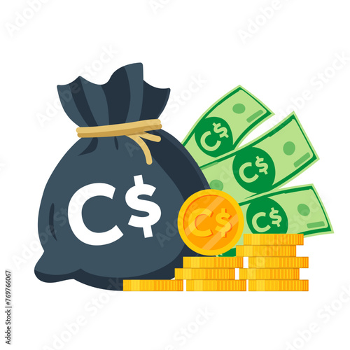 Canadian Money Vector Illustration. Canadian dollar sack, coins and banknotes. Each object isolated.