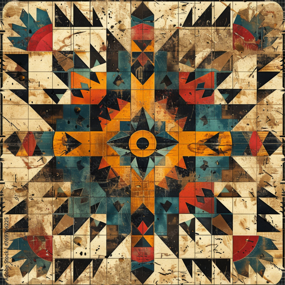 Fototapeta premium Aged and weathered tribal style pattern with geometric shapes and distressed texture.