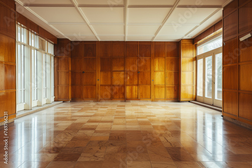 Large empty room with polished marble floors and wooden walls