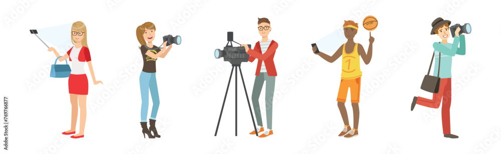 People Character Take Selfie and Pose for Photo Vector Set