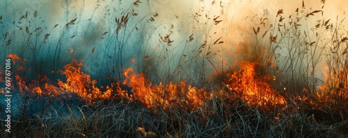 Wildfire in a grass field at sunset photo