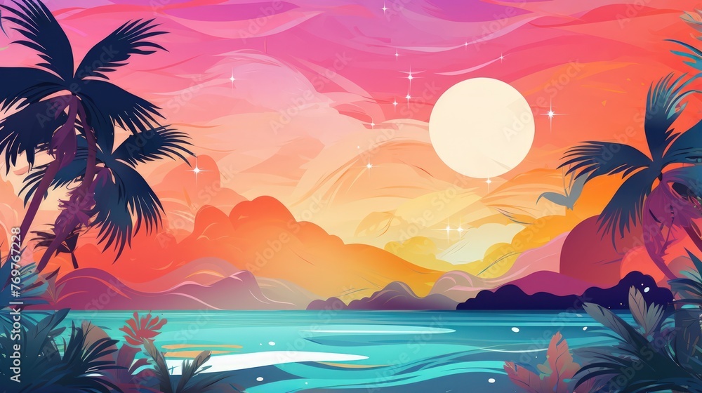 Abstract, colorful summer banner background adorned with beach vibes