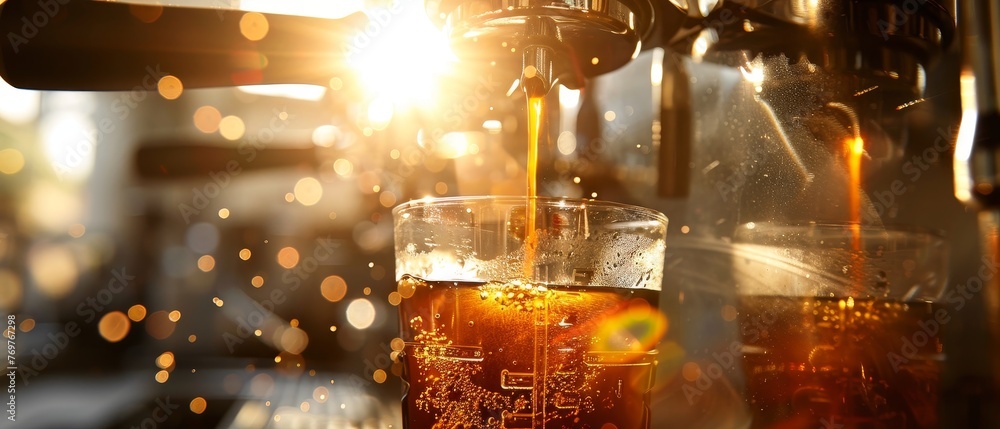 Brewing coffee in a French press, close-up on the press mechanism, golden sunlight illuminating the dark coffee