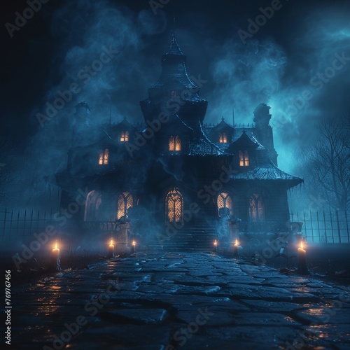 Haunted house, flickering candles, chilling whispers lingering in the air, ghosts peering from the shadows 3D render with eerie blue backlighting and a slight motion blur effect, Crane shot view 
