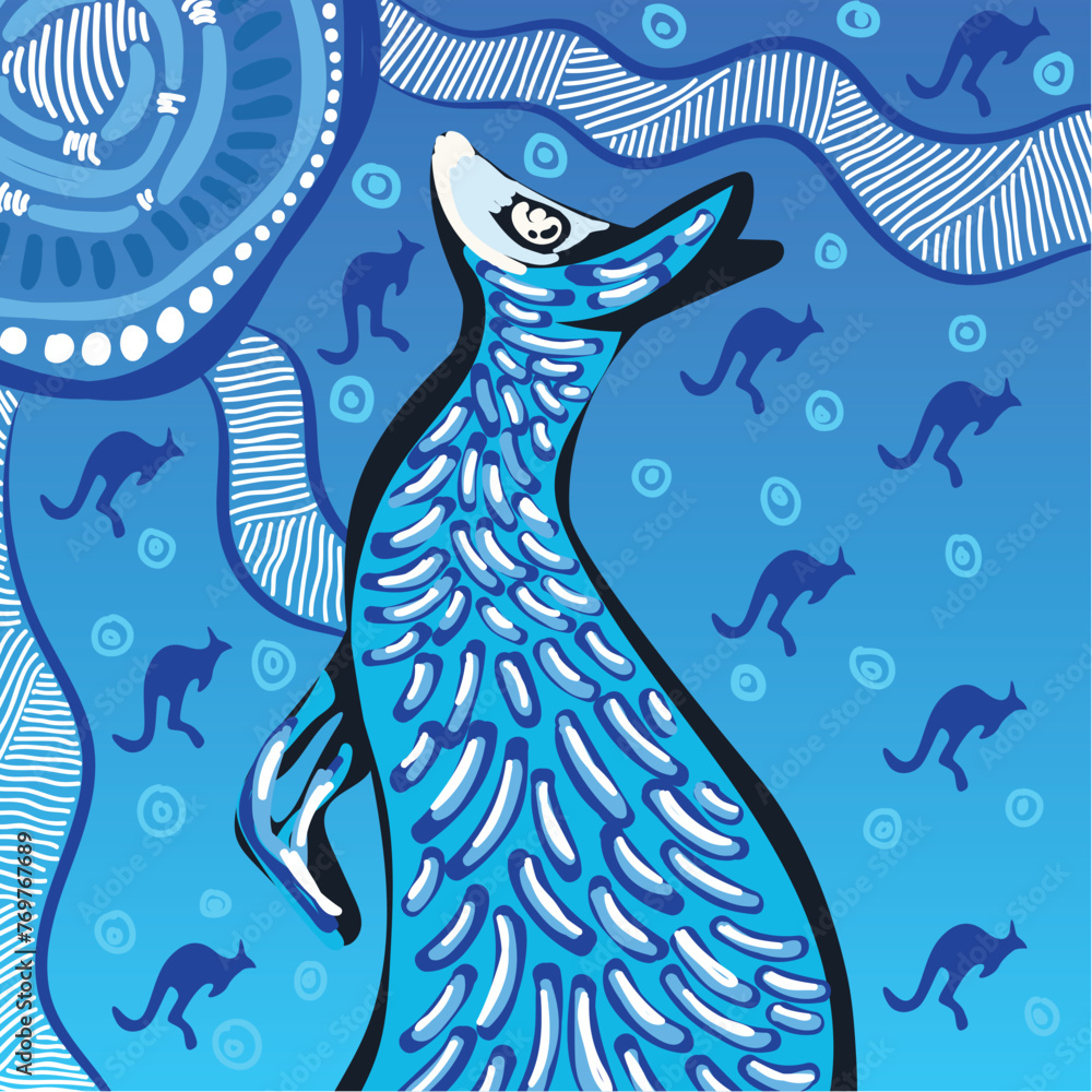 Obraz premium Blue Aboriginal vector artwork with kangaroo
