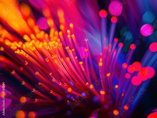 close-up of a glowing fiber optic cable bundle, vibrant colors representing high-speed data transmission, in the style of abstract art