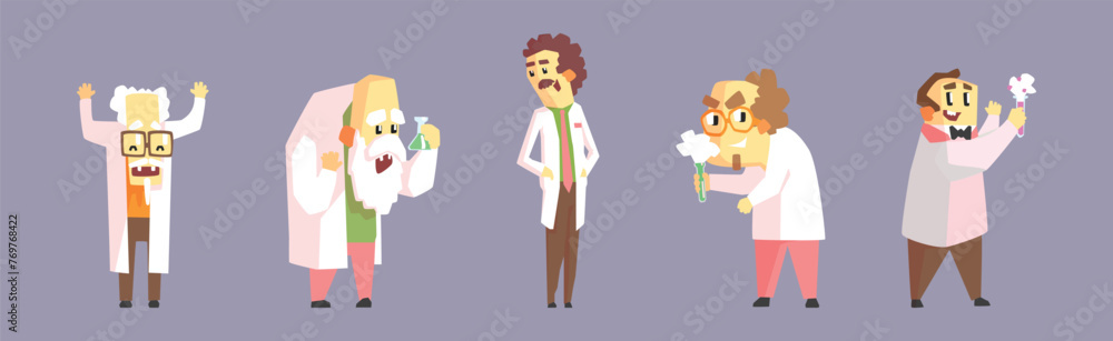 Funny Mad Scientist Man Character In Lab Coat Vector Set Funny Mad Scientist Man Character In Lab Coat Vector Set