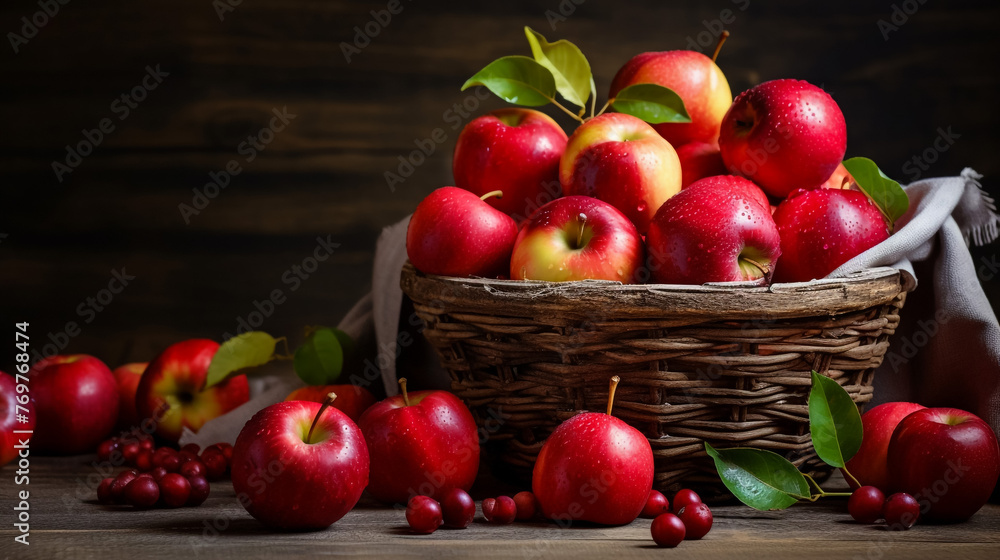 Fresh harvest of apples. Natural theme with red grapes and basket on wooden background. Nature fruit concept. Fresh harvest of apples. Natural theme with red grapes and basket on wooden background. Nature fruit concept.