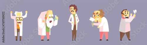 Funny Mad Scientist Man Character In Lab Coat Vector Set