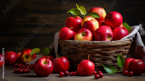 Fresh harvest of apples. Natural theme with red grapes and basket on wooden background. Nature fruit concept.
