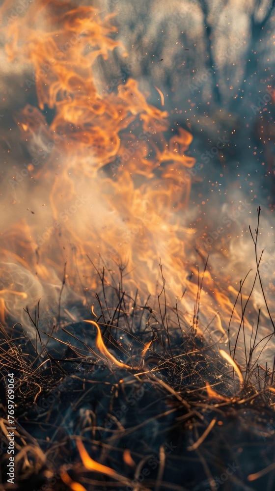 Close-up of a grass fire with intense flames and smoke Close-up of a grass fire with intense flames and smoke