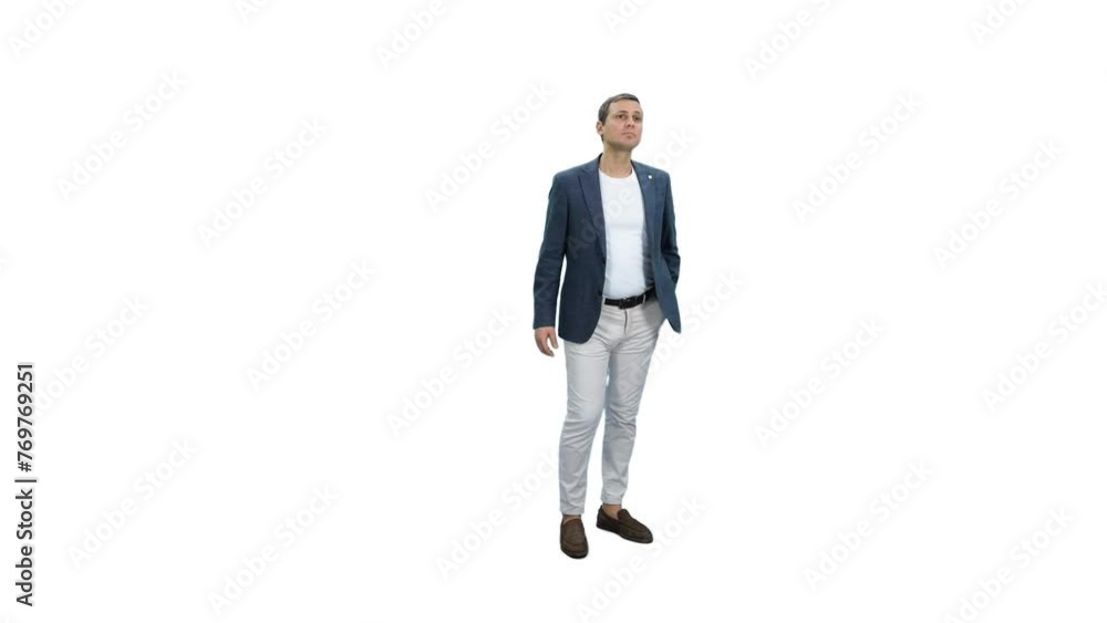 Handsome young slim adult man in white jeans and blue suit jacket looking at something on transparent background, Full HD footage with alpha channel Handsome young slim adult man in white jeans and blue suit jacket looking at something on transparent background, Full HD footage with alpha channel