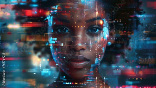 Black woman cyber security expert. With AI code illusminated overlay around her. Working in a data center. Female Computer Engineer. Generative AI.