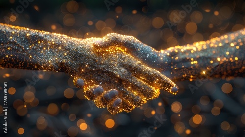 Low poly illustration of the Business handshake with a golden dust effect