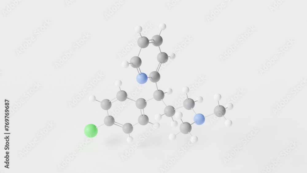 chlorphenamine molecule 3d, molecular structure, ball and stick model, structural chemical formula antihistamine