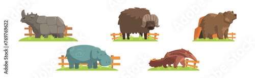 Zoo Animal and Wild Fauna Behind Fence Vector Set