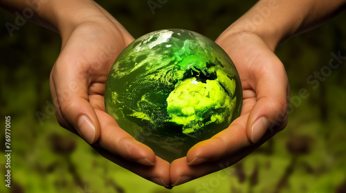hands holding green globe, protecting the earth's environment concept, Awareness Save Planet, Eco-Conscious