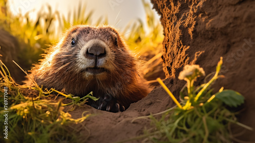marmot peeking out from its burrow,generative Ai