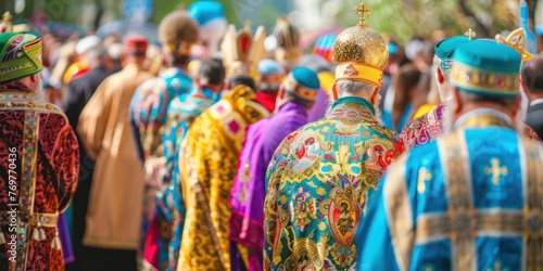 A colorful procession of clergy and parishioners during a religious festival.  photo