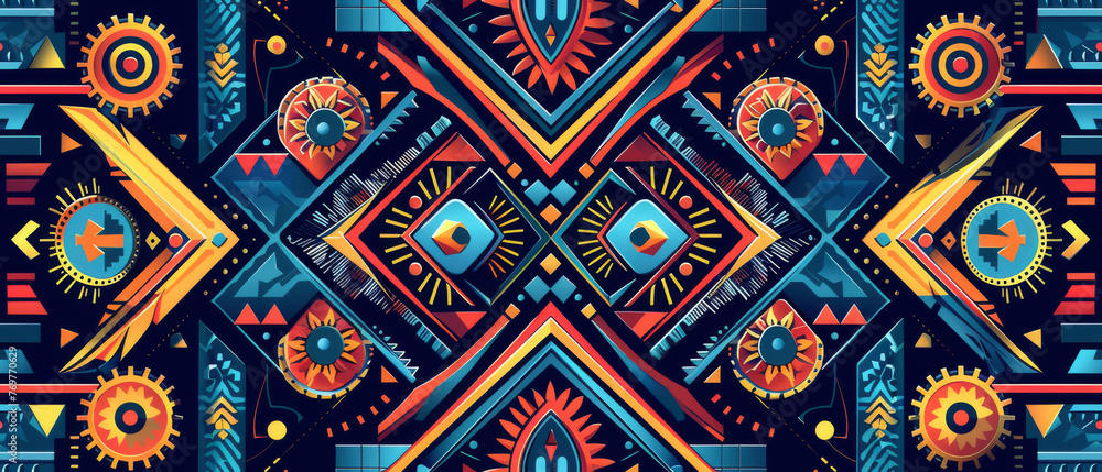 A contemporary geometric tribal pattern featuring cool blue and orange tones with a sharp, modern aesthetic.