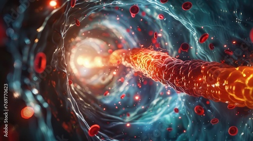 HDL particles highlighted with rays of light in a dark vascular tunnel, illustrating the fight against LDL