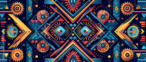 A contemporary geometric tribal pattern featuring cool blue and orange tones with a sharp, modern aesthetic.