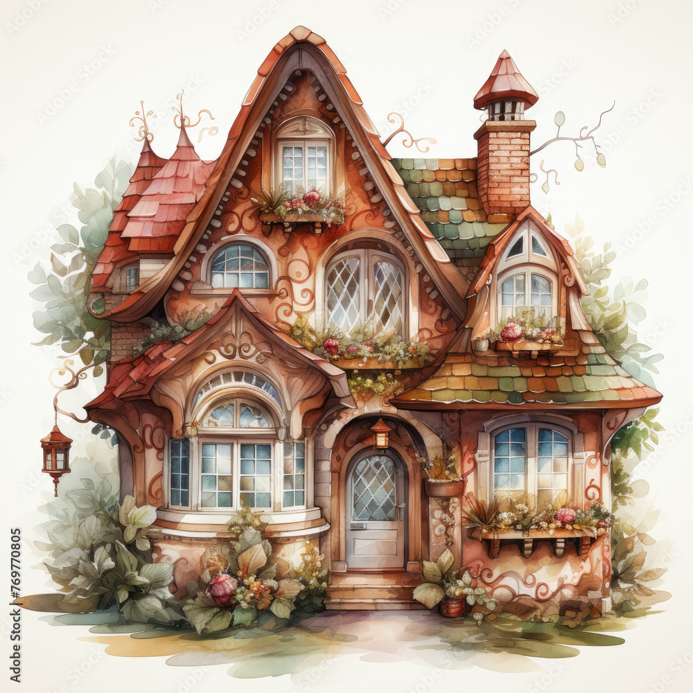 watercolor Kawaii Gingerbread House clipart, Generative Ai watercolor Kawaii Gingerbread House clipart, Generative Ai