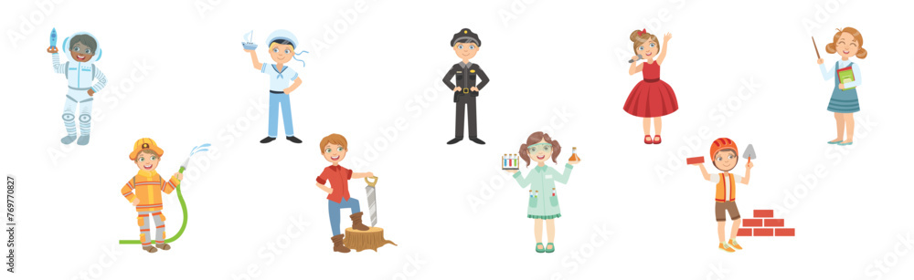 Little Boy and Girl Character in Professional Uniform Vector Set