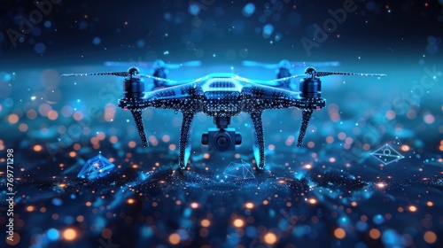 Digital vector 3d illustration of drone with camera in dark blue photo