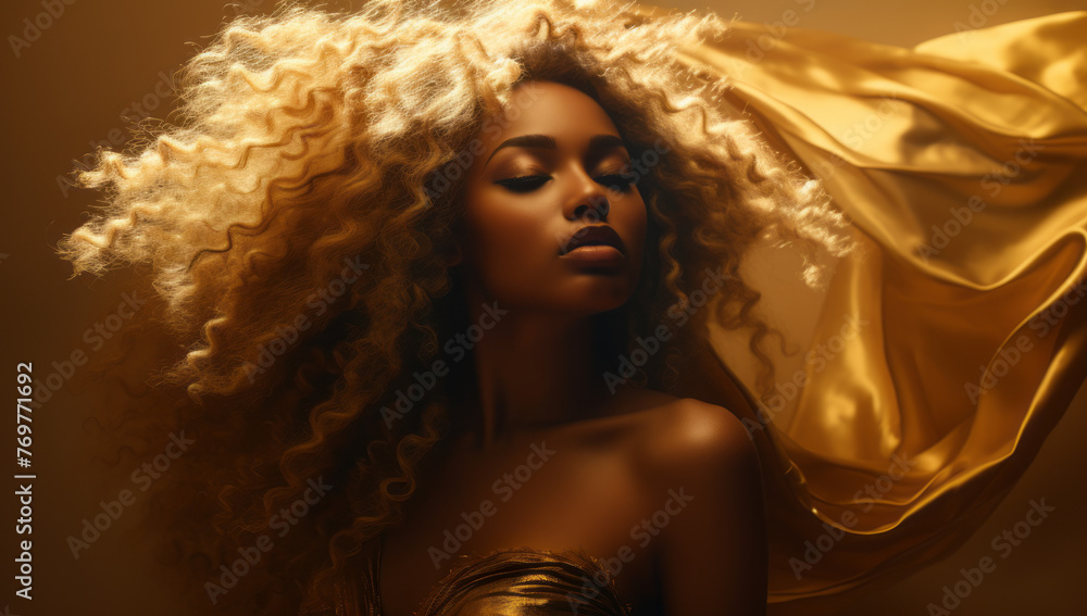 Black woman with gold makeup beauty fashion concept. Salon ethnic cultural theme. Portrait closeup Beauty fantasy African woman's Golden shiny skin. Fashion model posing. Professional metallic makeup