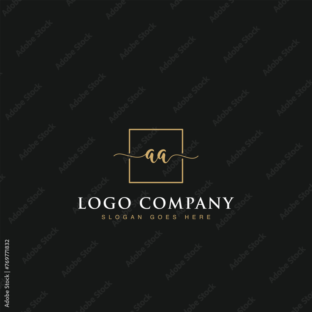 Initials signature letters AA linked inside minimalist luxurious square line box vector logo gold color designs for brand, identity, invitations, hotel, boutique, jewelry, photography or company signs Initials signature letters AA linked inside minimalist luxurious square line box vector logo gold color designs for brand, identity, invitations, hotel, boutique, jewelry, photography or company signs