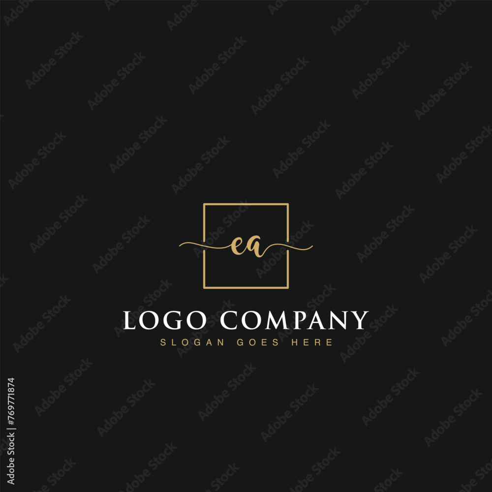 Initials signature letters EA linked inside minimalist luxurious square line box vector logo gold color designs for brand, identity, invitations, hotel, boutique, jewelry, photography or company signs