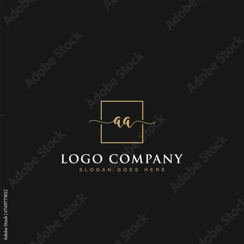 Initials signature letters AA linked inside minimalist luxurious square line box vector logo gold color designs for brand, identity, invitations, hotel, boutique, jewelry, photography or company signs