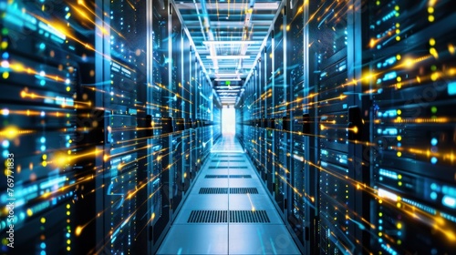 Data Center Corridor Full of Rack Servers ,Projection Visualization
