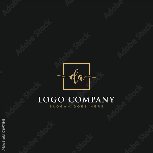 Initials signature letters DA linked inside minimalist luxurious square line box vector logo gold color designs for brand, identity, invitations, hotel, boutique, jewelry, photography or company signs