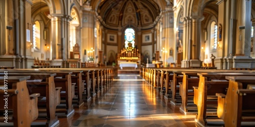 A serene interior shot of a church nave with rows of pews and a grand altar. 