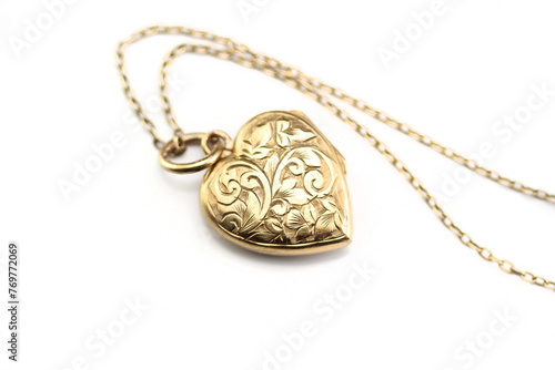 Antique Victorian Era 18Ct Gold Filled, Hand Engraved, Floral Heart 2 Photos Locket Pendant Necklace, 18Ct Yellow Gold Plated 20