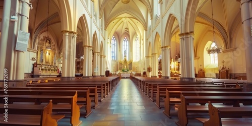 A serene interior shot of a church nave with rows of pews and a grand altar.  photo