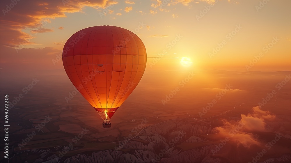 Fototapeta premium Hot Air Balloon Glowing at Sunset in Sky. Solitary hot air balloon glows radiantly against the sunset sky, floating over a vast and patterned landscape.