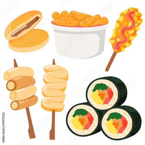 Set of Korean Street Food Vector Illustration Including Hotteok, Kimbap, Odeng, Sotteok, Tokkebi and Teokbokki