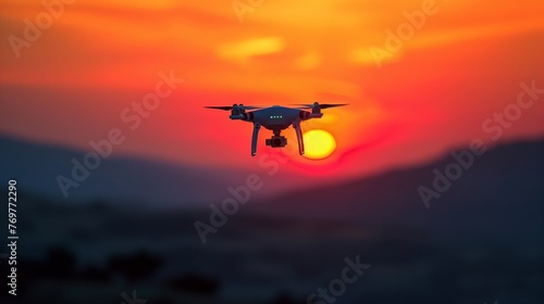 Drone Silhouetted Against Vibrant Sunset Sky. The silhouette of a drone is set against a vibrant and colorful sunset sky, capturing the essence of modern aerial exploration.