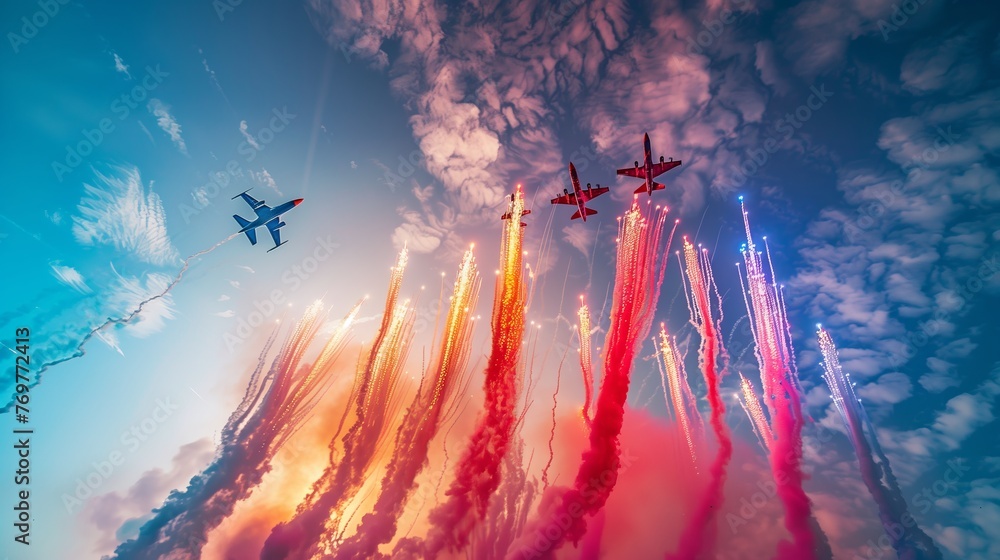 Aerobatic Jets Performing With Colorful Smoke Trails. Squadron of aerobatic jets paints the sky with vibrant smoke trails, creating a mesmerizing display of aerial artistry. - obrazy, fototapety, plakaty 