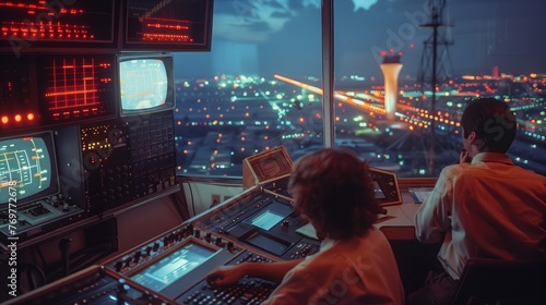 Wallpaper Mural Air Traffic Control Room Overlooking Runway at Night. Air traffic controllers diligently monitor the bustling activity of a nighttime airport runway, ensuring safety and precision in operations. Torontodigital.ca