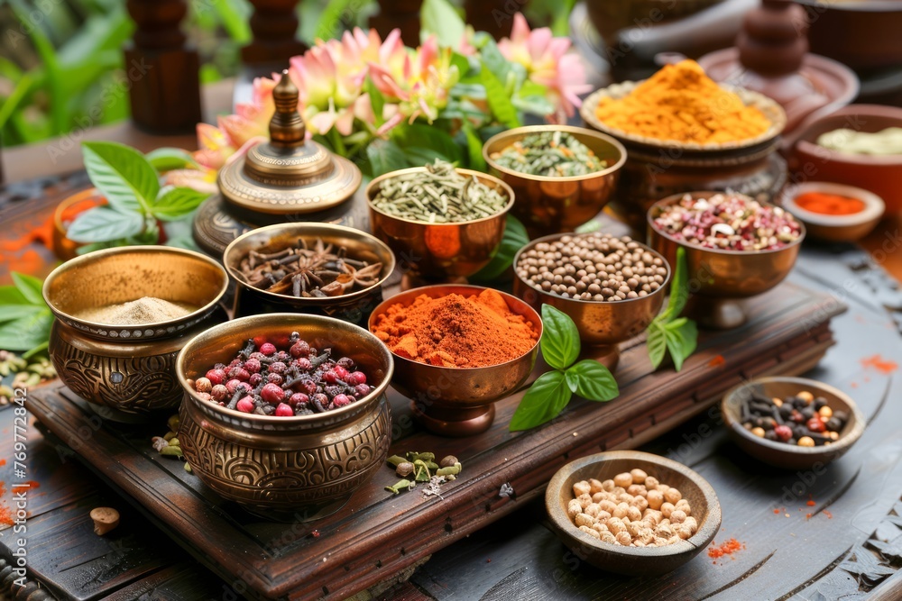 Assorted Exotic Spices in Ornate Bowls on Wooden Table for Gourmet Cooking and Culinary Exploration