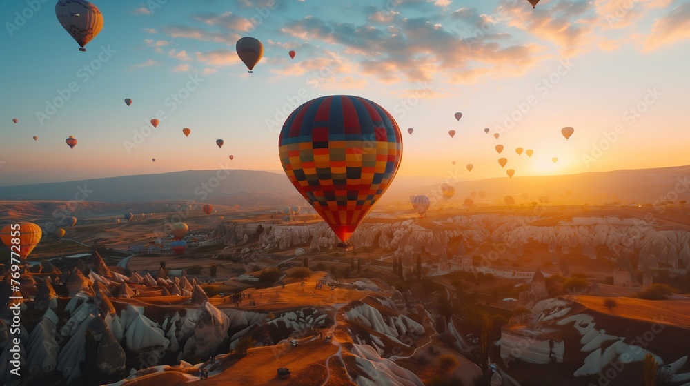 Sunrise Flight of Hot Air Balloons Over Valleys. Sun rises over unique terrain, with hot air balloons dotting the sky, casting shadows on the valleys below.