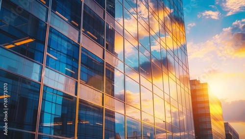 Modern office building exterior with glass windows and golden light reflecting on the surface of the architecture in the style of architecture Generative AI