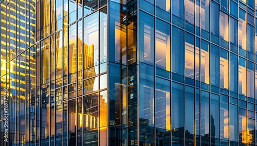 A closeup of the exterior glass walls on an office building, showcasing intricate details and reflections in various shades of blue and gold hues Generative AI