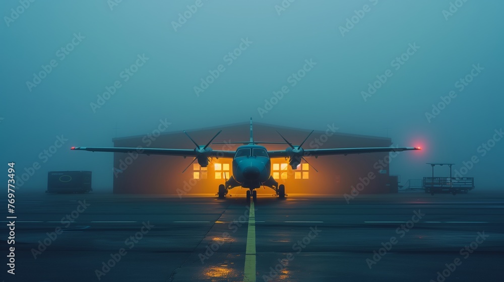 Obraz premium Aircraft Ready for Departure in Misty Airport Dawn. Stationary aircraft awaits takeoff on a foggy runway, with a warm glow from the airport hangar signaling the start of a new day.
